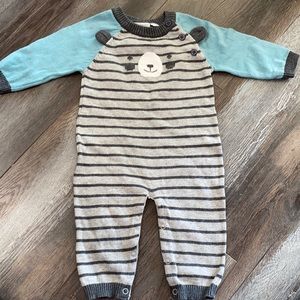 Elegant Baby Knit Gray Stripe Bear Romper